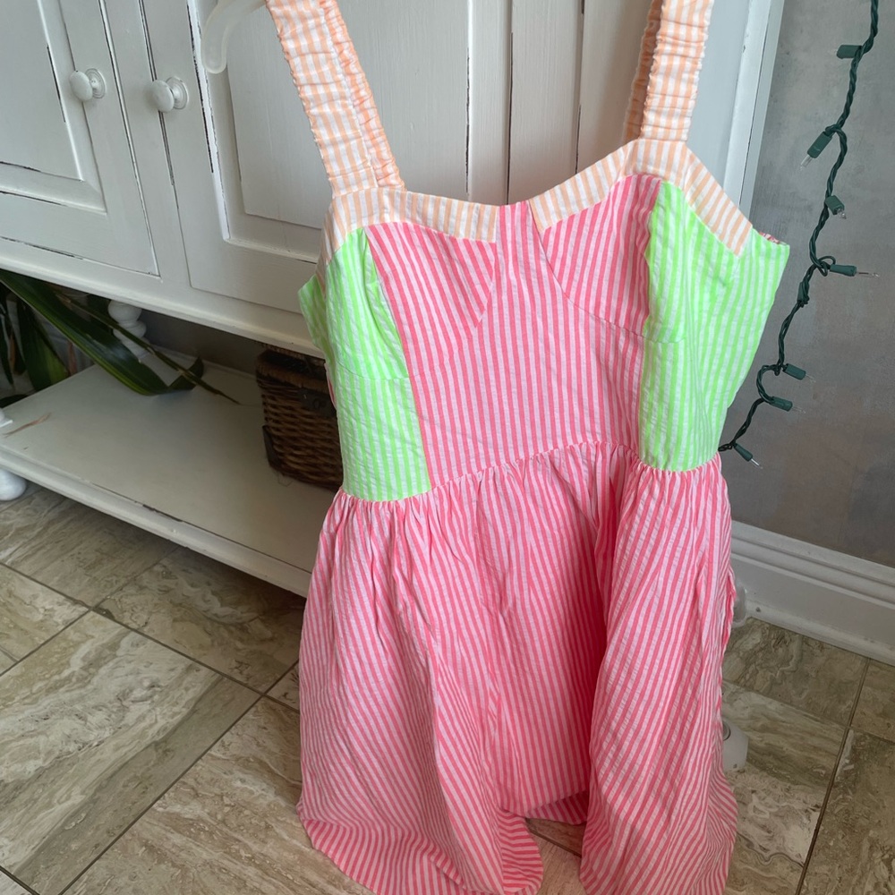 English Factory Pink and Green Striped Mini Dress